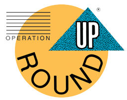 Operation Round Up logo featuring a yellow circle with the words OPERATION ROUND UP. A blue triangle with the word UP in bold is seen overlapping the top right of the circle. Horizontal lines appear on the left.