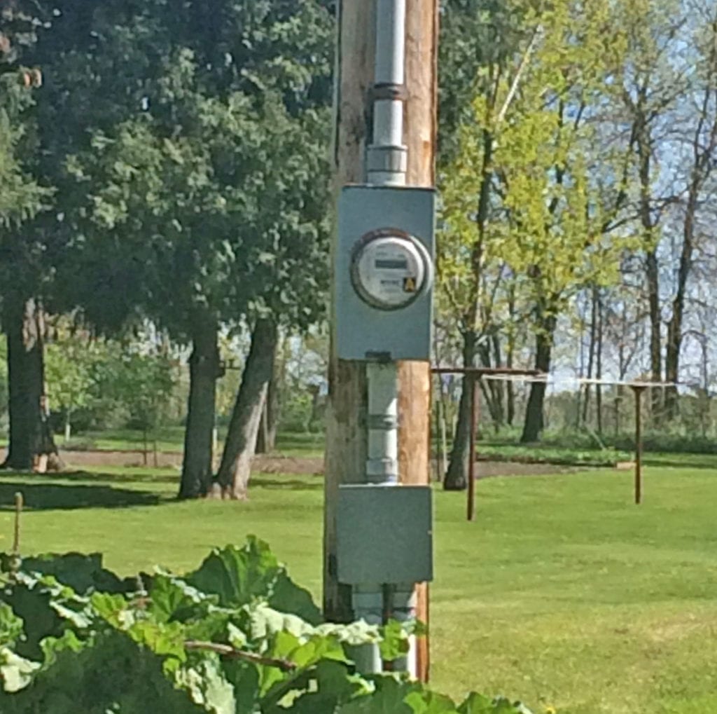 An electric meter and gray utility boxes are mounted on a wooden pole in a grassy yard with trees and plants in the background, under a sunny sky.
