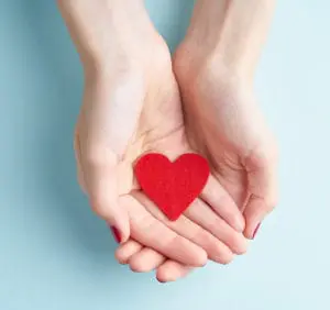 a person holding red heart in hands, donate and family insurance concept, on aquamarine background,