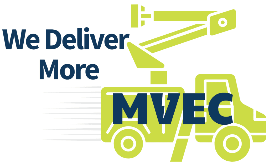 Illustration of a green utility truck with an elevated bucket arm and text that reads “We Deliver More MVEC.” The word “MVEC” overlaps the truck illustration.