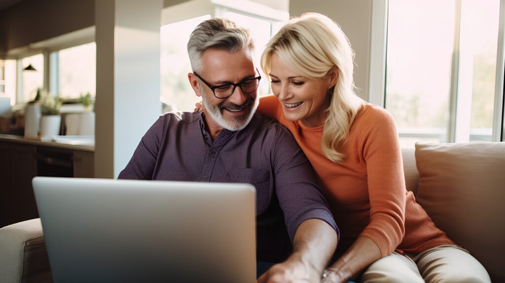 A happy couple using laptop together.