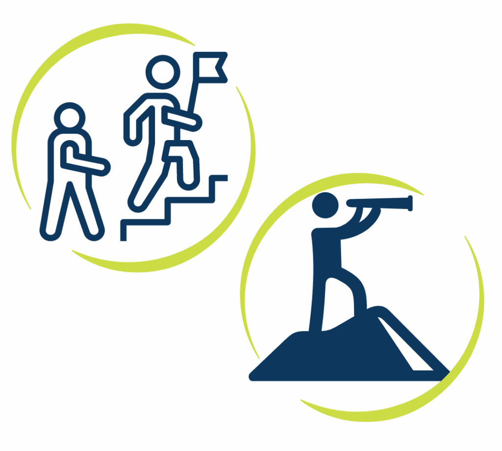 Mission and Vision icons climbing stairs and looking to the future