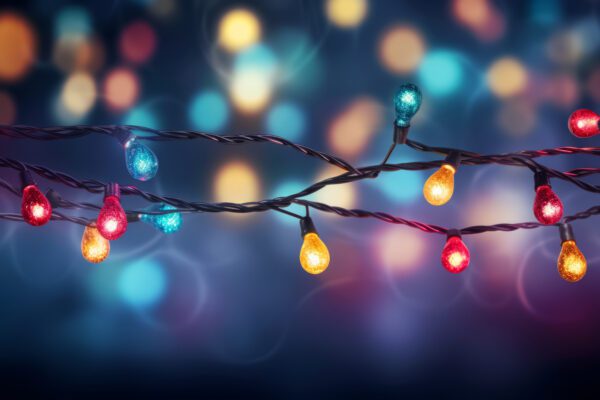 Close-up of colorful string lights with red, blue, yellow, and green bulbs, glowing against a blurred background of multicolored lights, creating a festive and cheerful atmosphere.