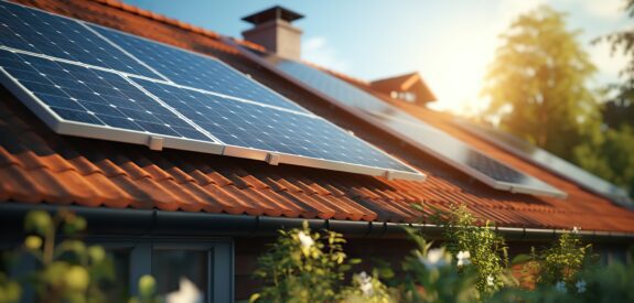 Solar panels installed on a red tiled roof of a house, with green plants and flowers in the foreground and sunlight shining through trees in the background.
