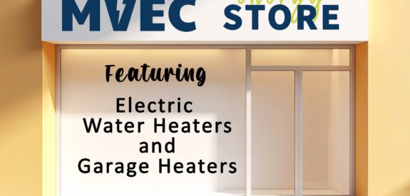 Storefront that says MVEC Energy Store featuring electric water heaters and garage heaters