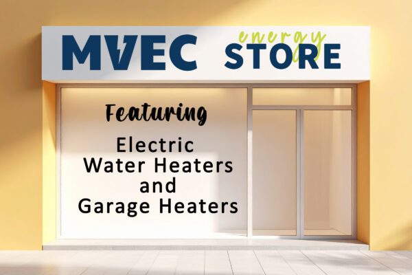 Storefront that says MVEC Energy Store featuring electric water heaters and garage heaters