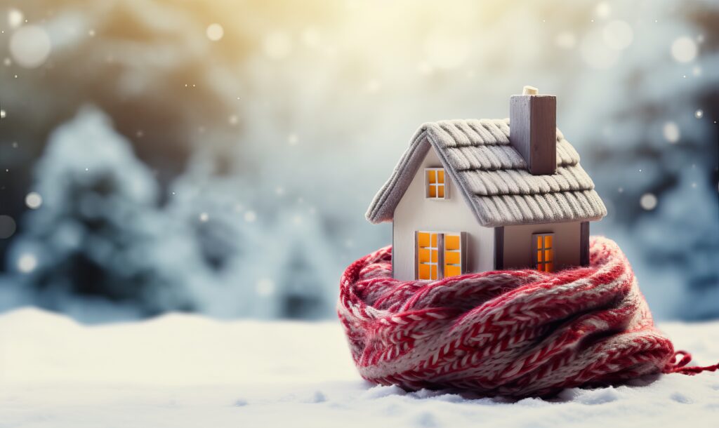 Miniature house wrapped in a scarf in a snowy setting