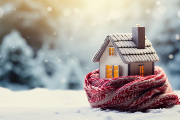 Miniature house wrapped in a scarf in a snowy setting