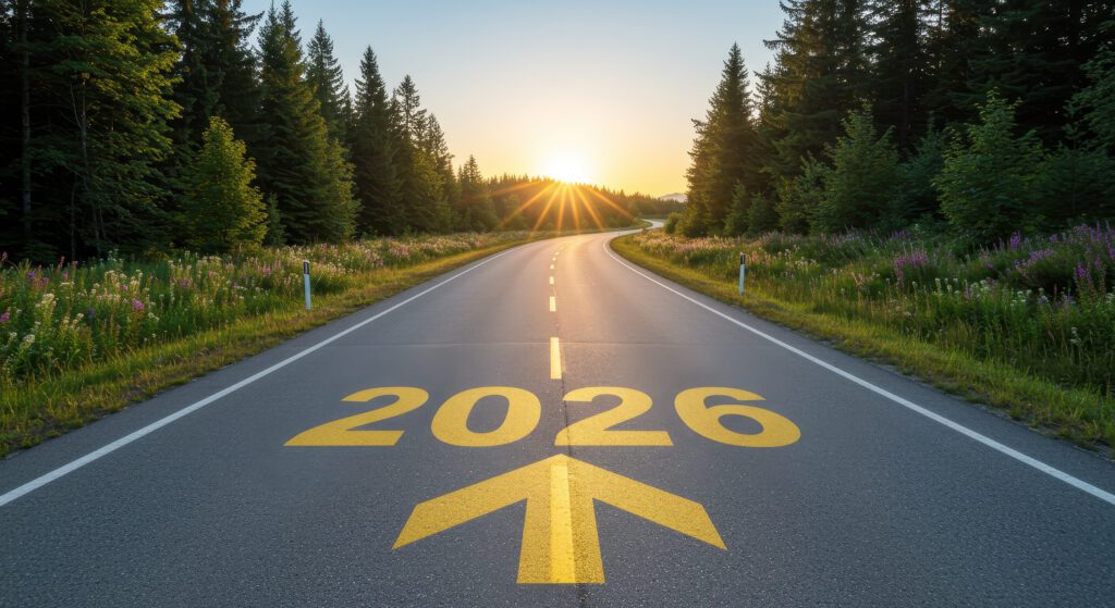 Road looking ahead with an arrow and the year 2026 in yellow
